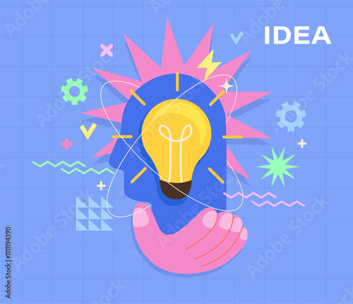 Bright concept of idea, inspiration,creativity, solutions for business or startups.Creative mind,brainstorm, creative idea concept with abstract human head silhouette and hand holding bulb lamp.Vector