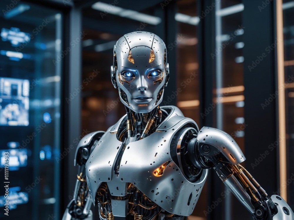 A humanoid robot with a metallic finish, processing complex data on interactive screens in a futuristic data center, surrounded by AI interfaces and computing technology A humanoid robot with a metallic finish, processing complex data on interactive screens in a futuristic data center, surrounded by AI interfaces and computing technology