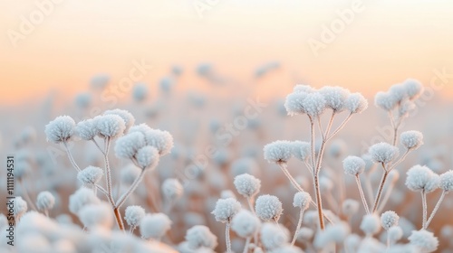 Frosty field of wildflowers, delicate ice crystals glistening in the early morning light
