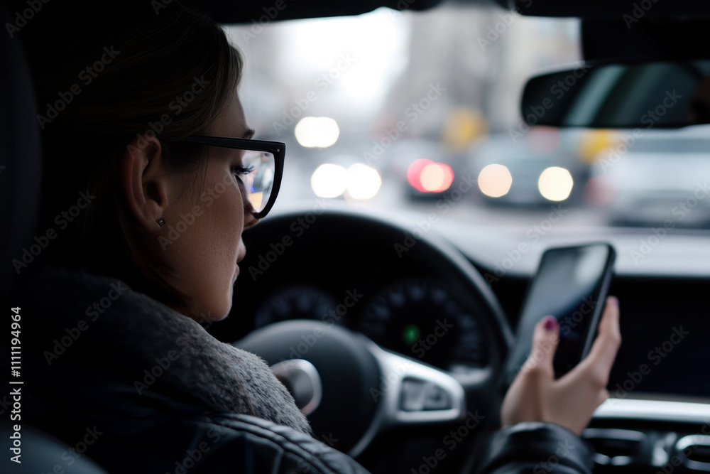 Woman holding smartphone in hand while driving car. Driver using phone, looking to screen, browse internet, watch video, write message. Dangerous behavior, accident risk, driver distraction concept Woman holding smartphone in hand while driving car. Driver using phone, looking to screen, browse internet, watch video, write message. Dangerous behavior, accident risk, driver distraction concept