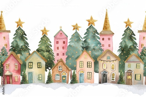 Watercolor illustration of a quaint old town with historic facades adorned with Christmas decor and a tall pine tree..