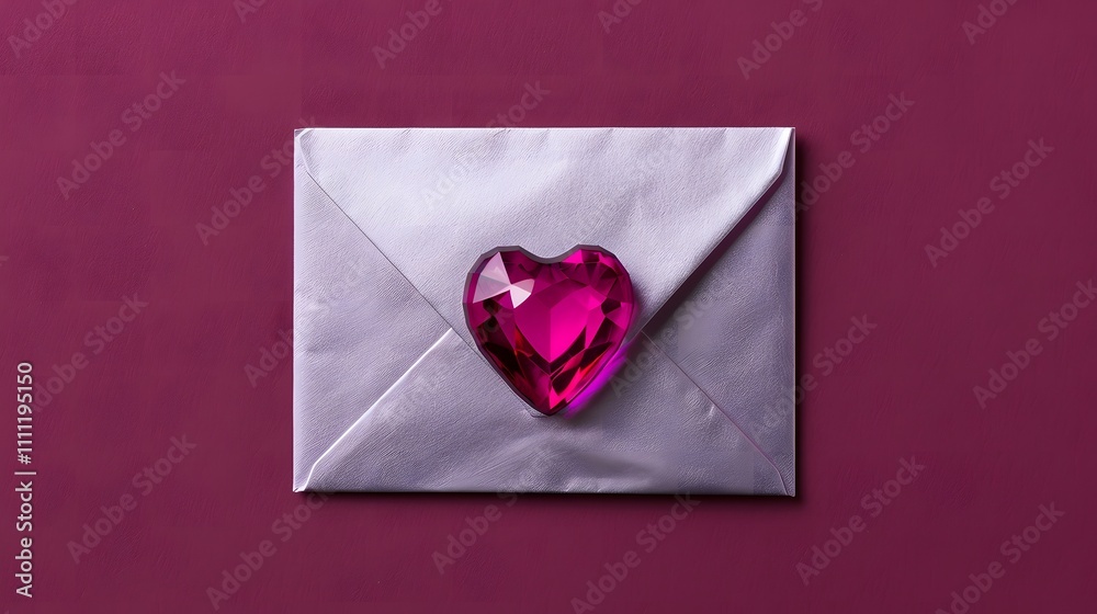 White envelope sealed with a pink gemstone heart on a deep magenta background. Minimalist composition symbolizing love and romance. Design for greeting cards, invitations, and posters.
White envelope sealed with a pink gemstone heart on a deep magenta background. Minimalist composition symbolizing love and romance. Design for greeting cards, invitations, and posters.