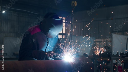 A skilled welder is working diligently in an industrial setting, creating bright sparks and durable metal joins