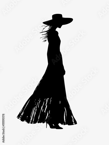 Woman in a long dress is wearing a hat and standing in front of a white background. The dress is long and flowing, and the hat is placed on top of her head. Concept of elegance and sophistication