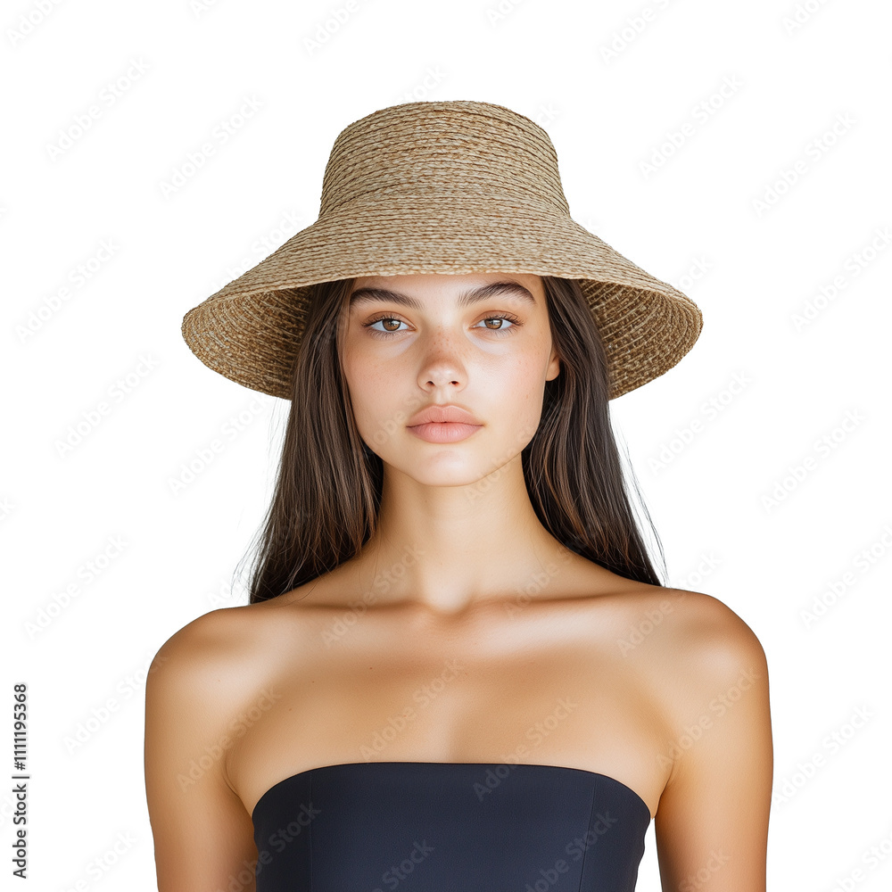 Woman wearing a stylish straw hat with transparent background Woman wearing a stylish straw hat with transparent background