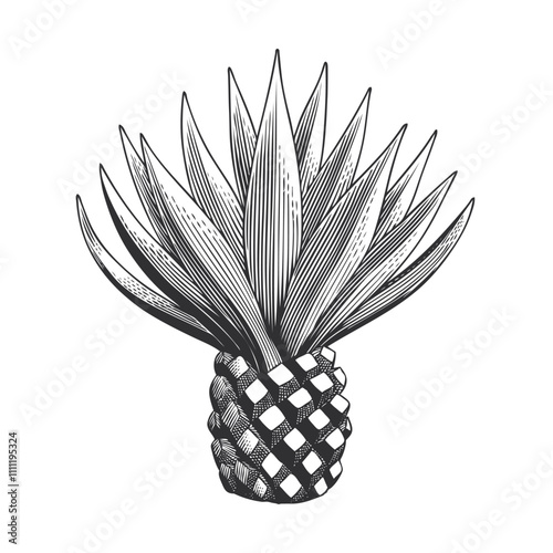 Agave plant isolated on the white background, for tequila label or menu design element. Hand drawn black and white engraving style vector illustration