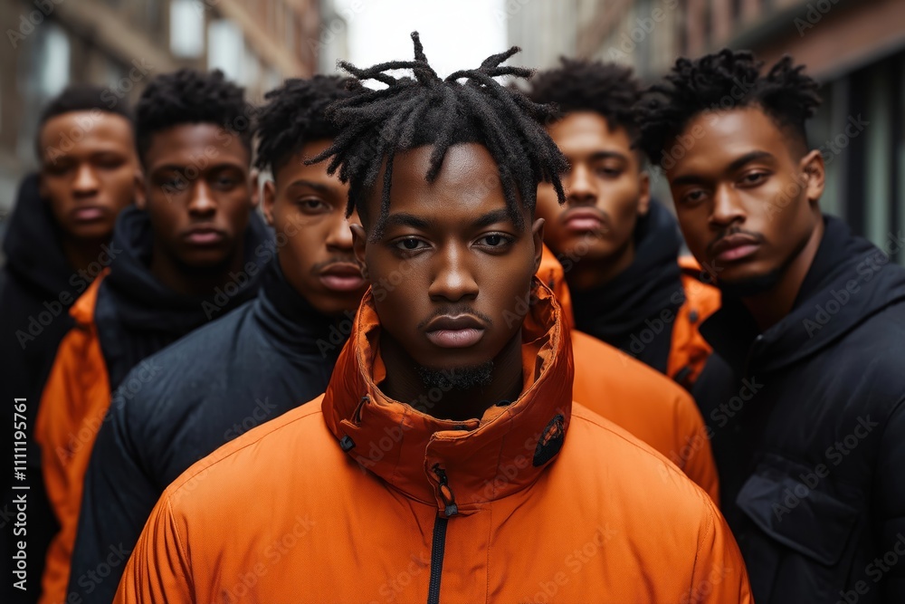 Urban setting. Group of young black men stand together in city. Stylish streetwear fashion. Modern urban style. Group portrait. Street style. Casual clothing. Focused faces. Men looking directly at Urban setting. Group of young black men stand together in city. Stylish streetwear fashion. Modern urban style. Group portrait. Street style. Casual clothing. Focused faces. Men looking directly at