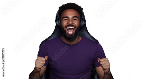 Enthusiastic man celebrating with headphones on transparent background