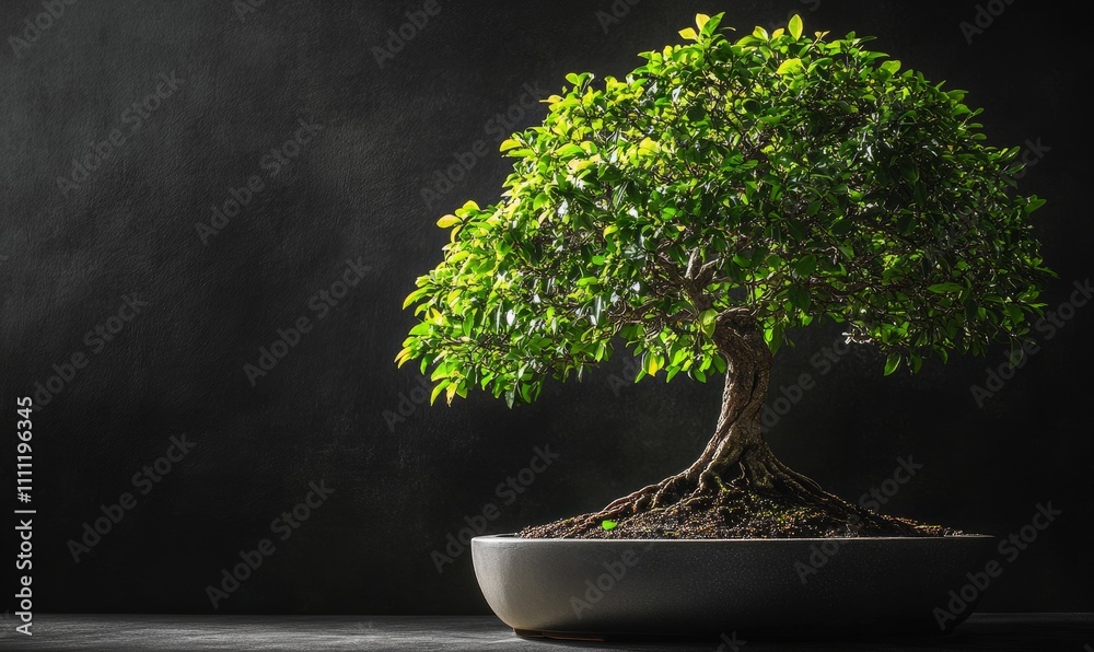 A lush bonsai tree, perfectly sculpted, sitting in a simple minimalist pot against a black background A lush bonsai tree, perfectly sculpted, sitting in a simple minimalist pot against a black background