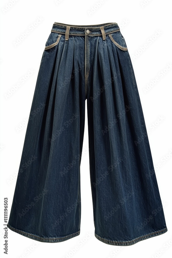 Pleated denim culottes; dark wash; front view.