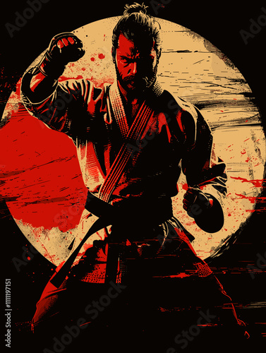 Man in a red karate uniform is punching a red circle. The image has a dark and violent mood, with the red circle representing blood and the man's fists representing aggression