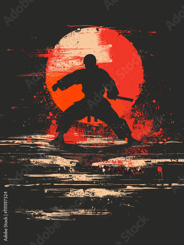 Man in a black karate uniform is standing in front of a red sun. The image has a dark and moody atmosphere, with the man's silhouette and the red sun creating a sense of mystery and intensity