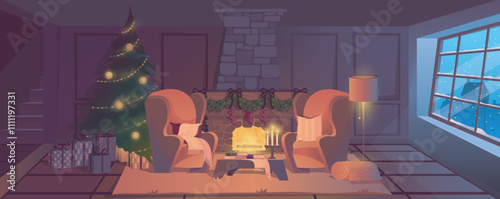 Christmas living room background for banner design. Empty room interior with warm fireplace, armchairs with pillows, festive trees and gift boxes, window with winter view. Vector cartoon illustration