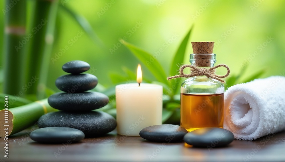 Serene spa image featuring a lit aromatherapy candle, massage oil, smooth balance stones, and a fluffy white towel. The soothing ambiance is set against a natural green background, creating a tranquil Serene spa image featuring a lit aromatherapy candle, massage oil, smooth balance stones, and a fluffy white towel. The soothing ambiance is set against a natural green background, creating a tranquil