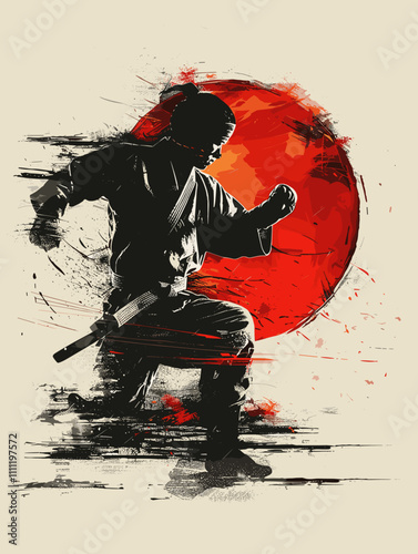 Man in a karate uniform is standing in front of a red sun. The image has a dark and moody atmosphere, with the man's silhouette and the red sun creating a sense of mystery and intensity