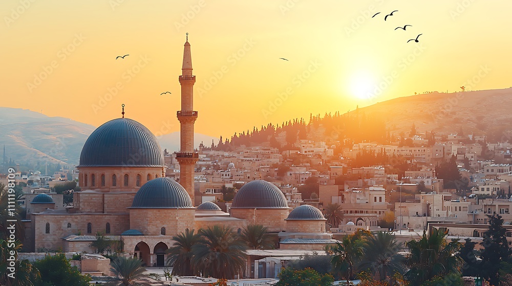 Fototapeta premium Sunrise over a city with a mosque, featuring golden light, birds in flight, and a mountain backdrop.