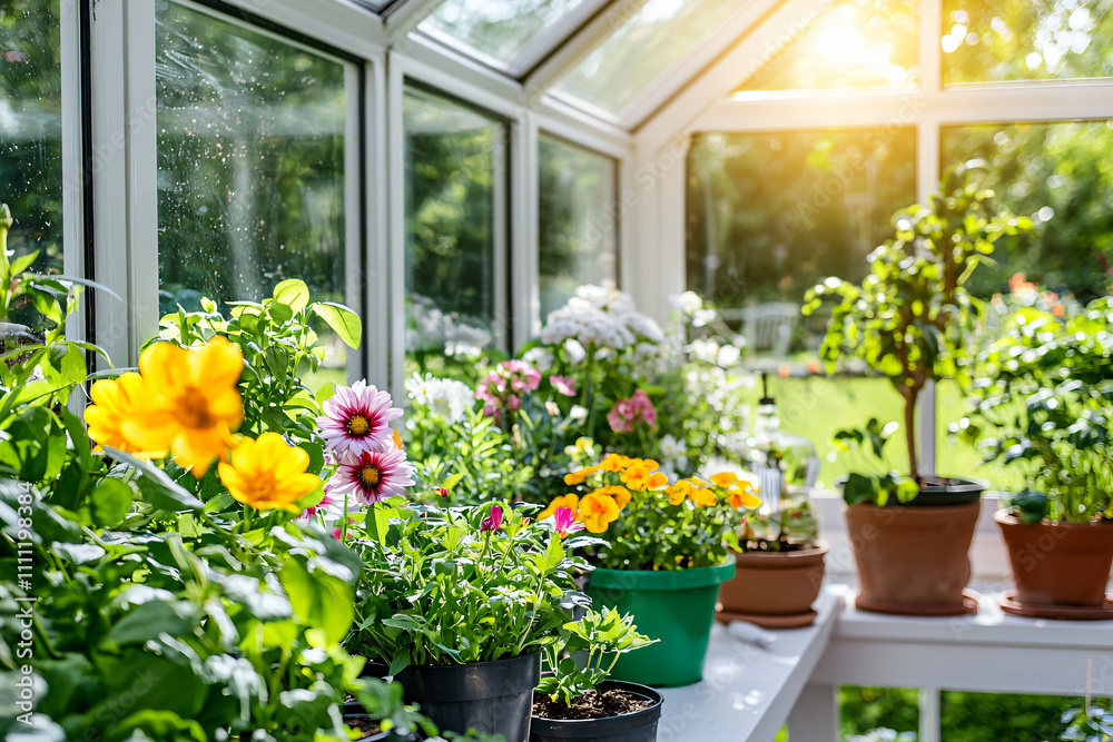 a greenhouse bursting with vibrant blooms, framed by the soft glow of sunlight streaming in a greenhouse bursting with vibrant blooms, framed by the soft glow of sunlight streaming in