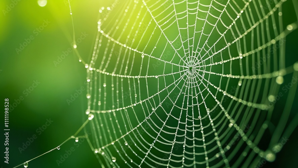 Naklejka premium Dew-Covered Spiderweb, Intricate Strands & Water Droplets