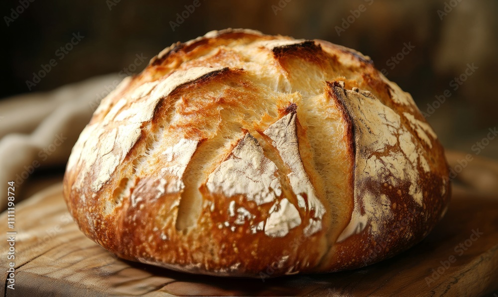 A rustic artisan loaf of bread with a golden crust, sitting on a wooden board, ready to be sliced A rustic artisan loaf of bread with a golden crust, sitting on a wooden board, ready to be sliced
