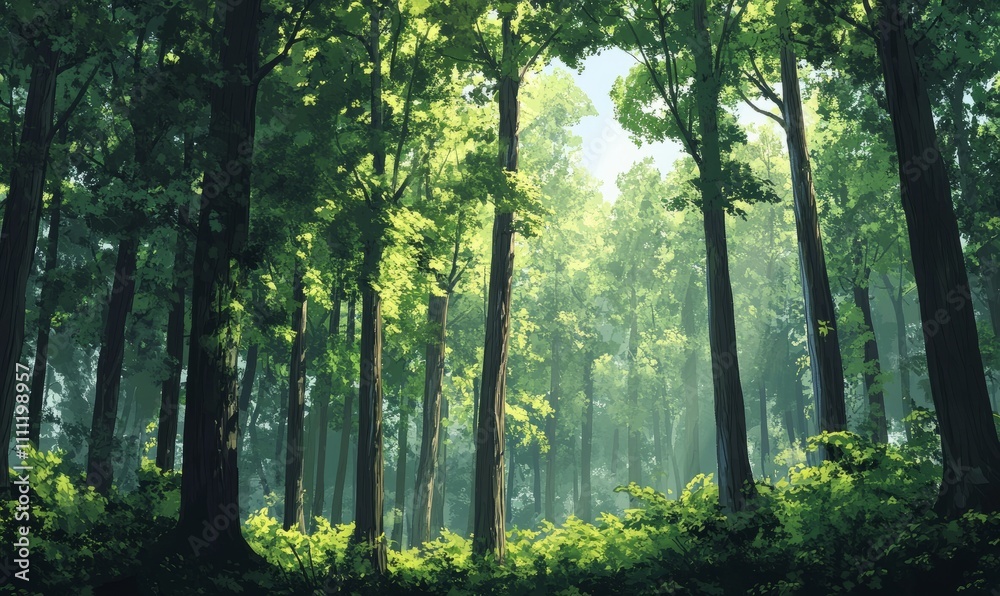Fototapeta premium A serene forest scene with tall, slender trees reaching up to a canopy of lush green leaves, creating a peaceful and natural atmosphere