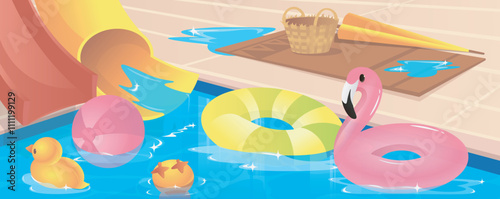 Aqua park swimming pool background for banner design. Summer vacation scene at pool with float rubber toys, inflatable flamingo and duck, tunnel and tube water slides. Vector cartoon illustration
