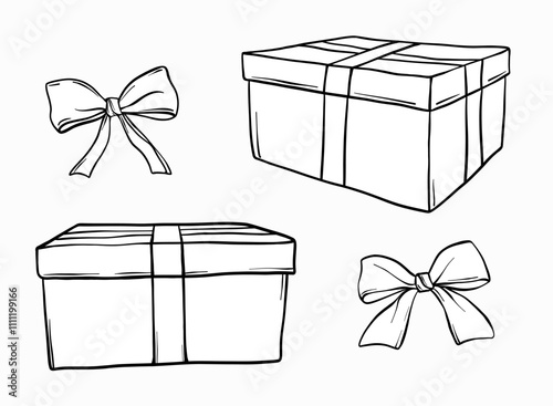 Vector set of Gift boxes with bows. Christmas black and white Box with a gift, illustration painted by black ink. Hand drawn sketch in line art style. Outline packed festive presents for greeting card