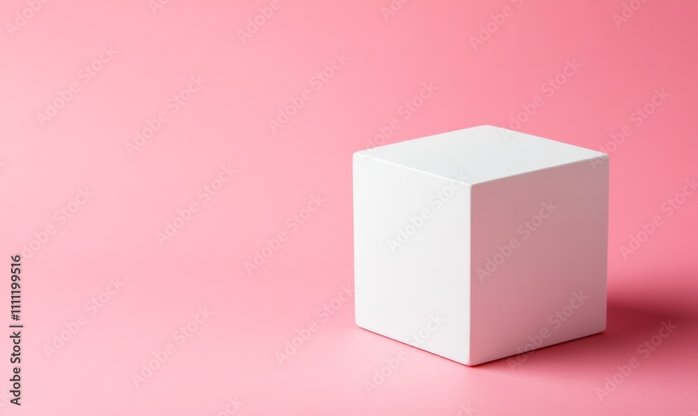 Fototapeta premium A simple, white cube stands against a smooth, pastel pink background, highlighting minimalism and modern design.