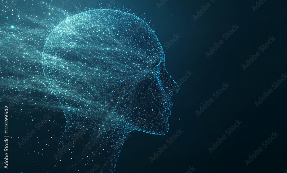 Digital representation of a human head showcasing particles and light effects in a dark space Digital representation of a human head showcasing particles and light effects in a dark space