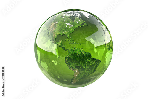 A globe displaying a green representation of Earth, highlighting landmasses and oceans in a visually striking manner.