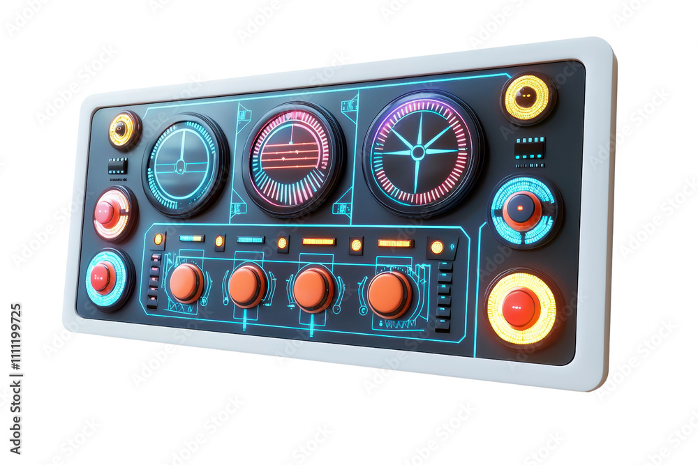 Fototapeta premium A futuristic control panel featuring various dials, buttons, and illuminated displays designed for advanced technology interfaces.