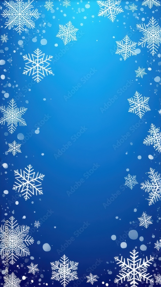 Snowflakes are scattered on a blue background with a blue sky, frame , space for text Snowflakes are scattered on a blue background with a blue sky, frame , space for text