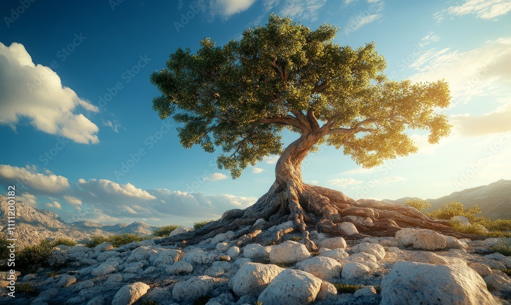 A solitary, ancient tree with thick roots firmly embedded in rocky terrain, its branches spreading wide under a bright, cloudless sky A solitary, ancient tree with thick roots firmly embedded in rocky terrain, its branches spreading wide under a bright, cloudless sky