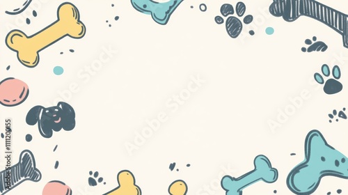 A colorful doodle banner filled with dog toys, bones, and paw prints, providing ample space for text about pet-related topics. Generative AI photo