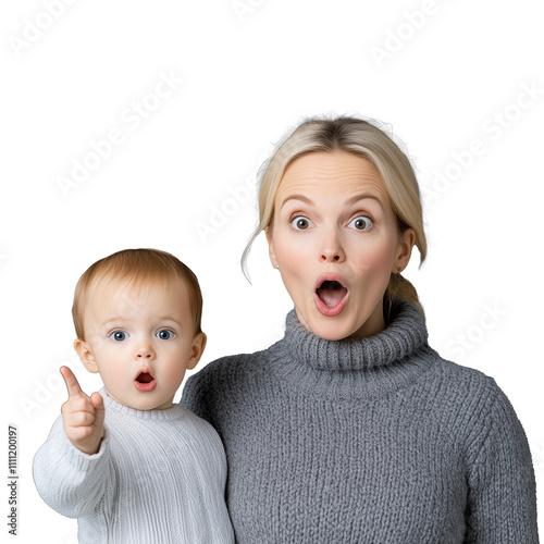 Surprised Mother and Child with Transparent Background