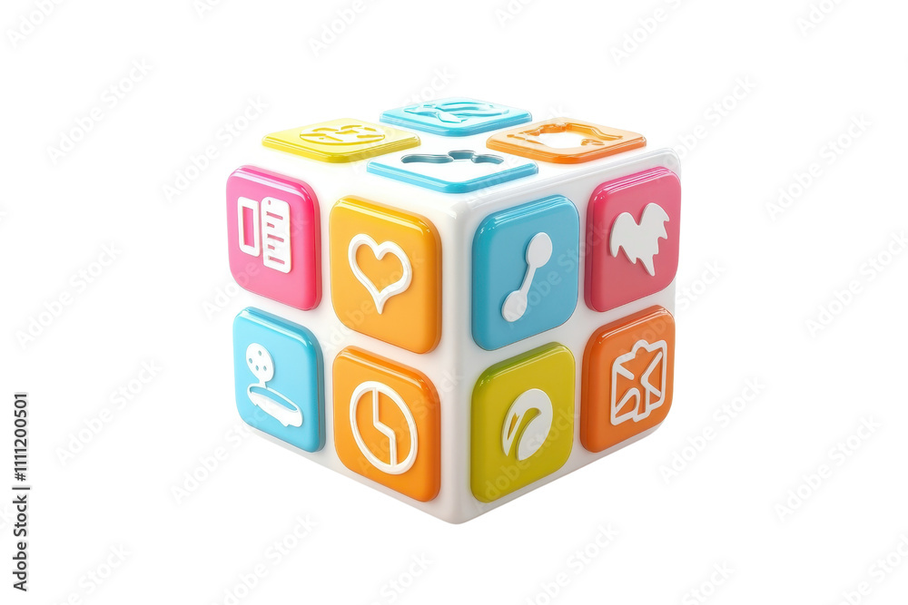 A colorful toy cube featuring various playful icons on each face, designed for educational or recreational use. A colorful toy cube featuring various playful icons on each face, designed for educational or recreational use.