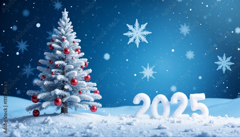 Charming Christmas tree with ornaments beside the snowy year 2025 in a winter wonderland