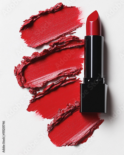 Lipstick tube placed on sample swatch of red lipstick texture on white marble background. Cosmetics for lip makeup