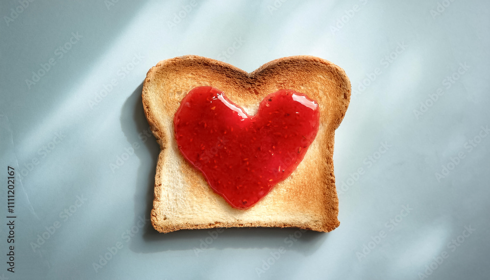 Strawberry jam forms a heart pattern on toast