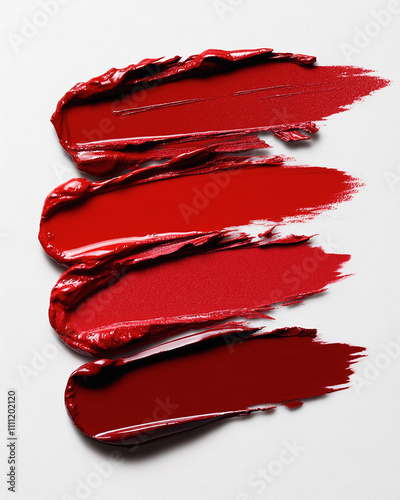 Collection set sample swatch of red lipstick texture on white background. Cosmetics for lip makeup
