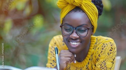 Joyful young black university student engaged in homework outdoors, smiling and taking notes photo