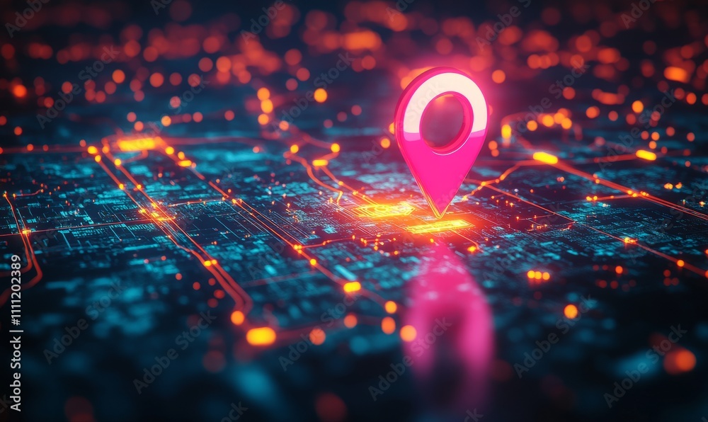 A vibrant map with a glowing pink pin marker, highlighting a specific location against a dark, digital background A vibrant map with a glowing pink pin marker, highlighting a specific location against a dark, digital background