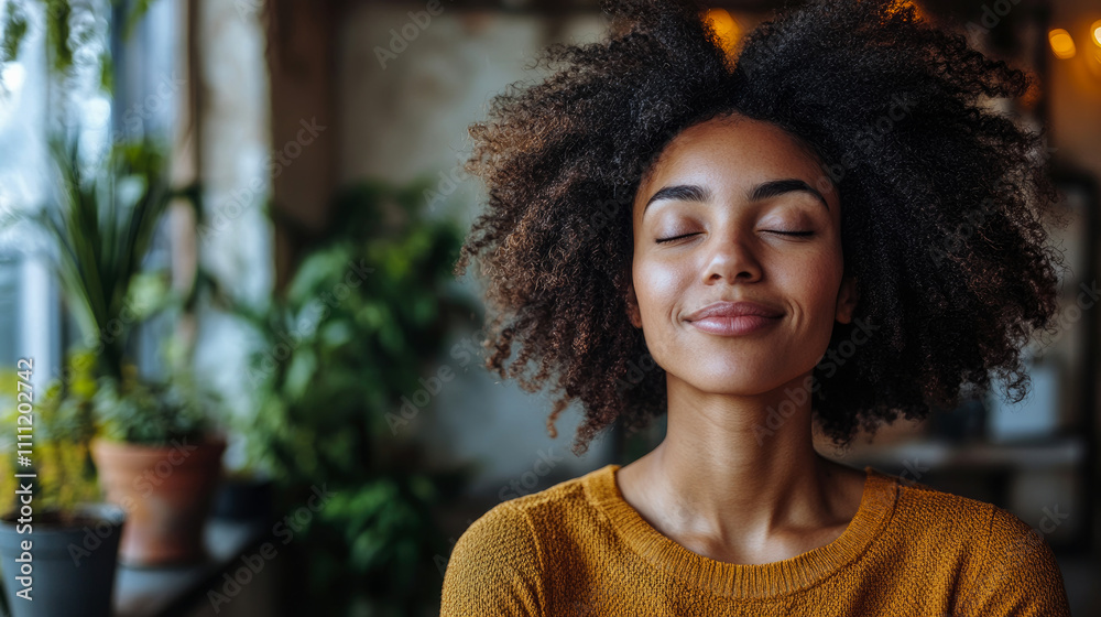 A woman with curly hair is sitting peacefully indoors, eyes closed, smiling gently while surrounded by lush greenery and warm light