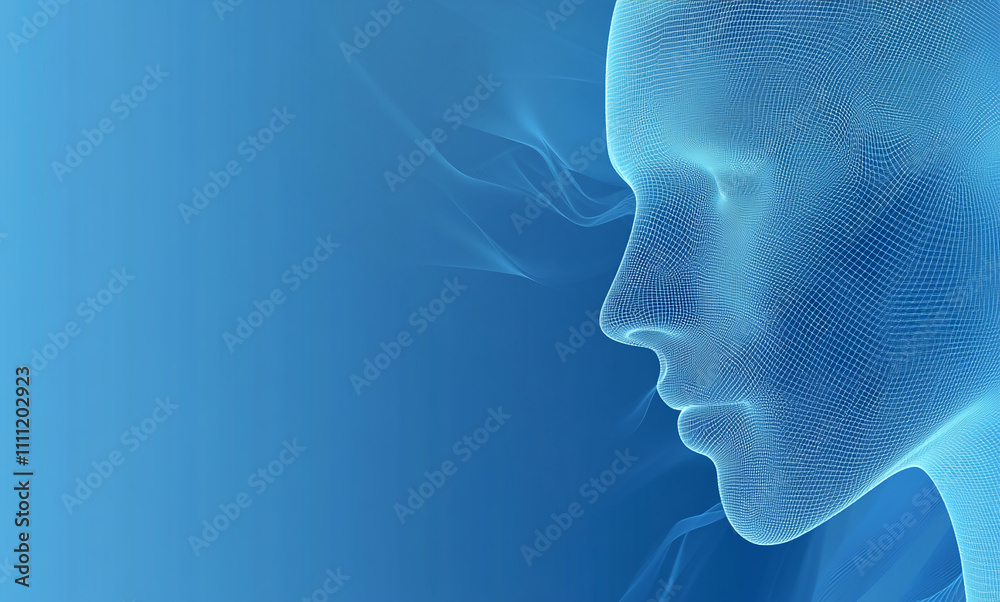 Digital representation of a human face outline with blue gradient background and ethereal effects Digital representation of a human face outline with blue gradient background and ethereal effects