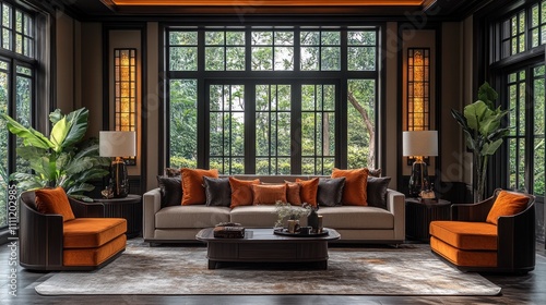 Luxurious living room with beige sofa  orange accents  and large windows overlooking lush greenery.