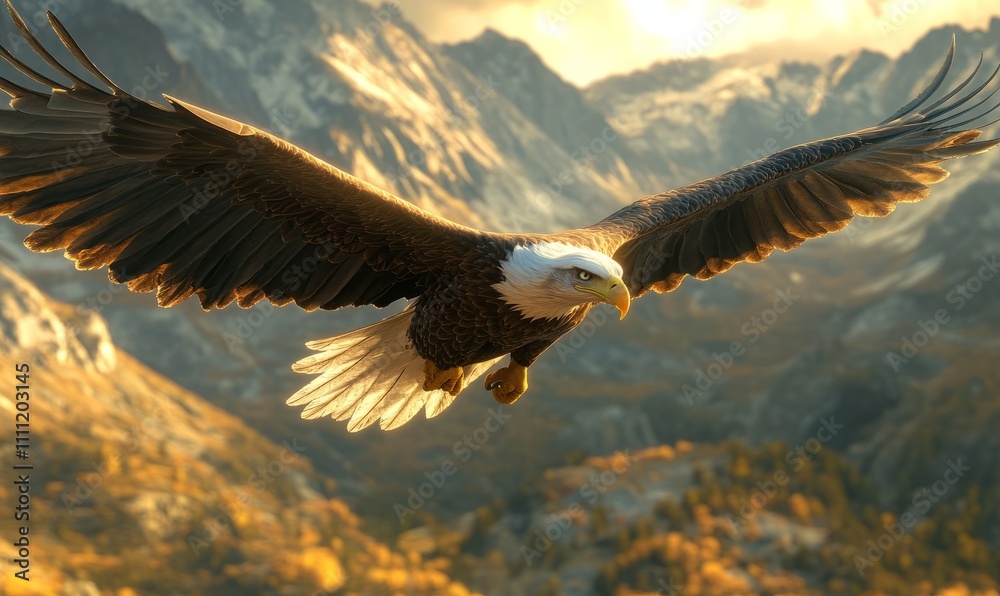 An eagle soaring through the mountain range with wide wings stretched and sharp beak visible An eagle soaring through the mountain range with wide wings stretched and sharp beak visible