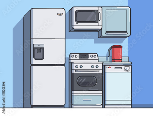 Kitchen with a white refrigerator, microwave, oven, and dishwasher. The refrigerator is on the left side of the image, the microwave is in the middle, and the oven is on the right side
