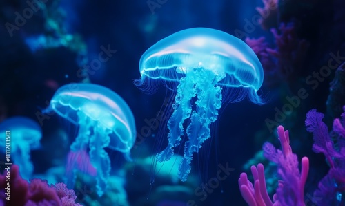 Bioluminescent jellyfish gracefully floating in the deep ocean, surrounded by glowing coral, creating a mesmerizing underwater scene