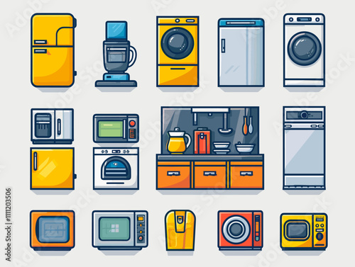 Kitchen furniture and utensils icons set in line style.