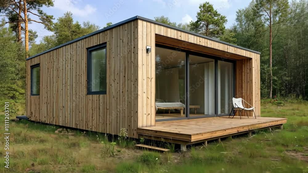 Modern wooden cabin surrounded by greenery in a tranquil forest setting during daylight Modern wooden cabin surrounded by greenery in a tranquil forest setting during daylight