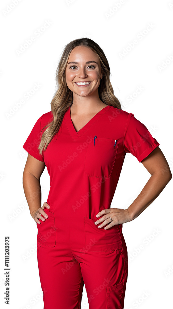 Confident healthcare professional in red scrubs with transparent background